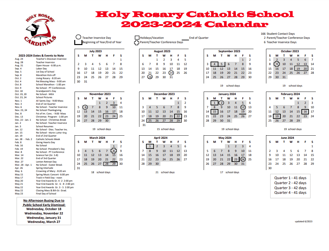 2024-2025 School Calendar & Supply List – Holy Rosary School